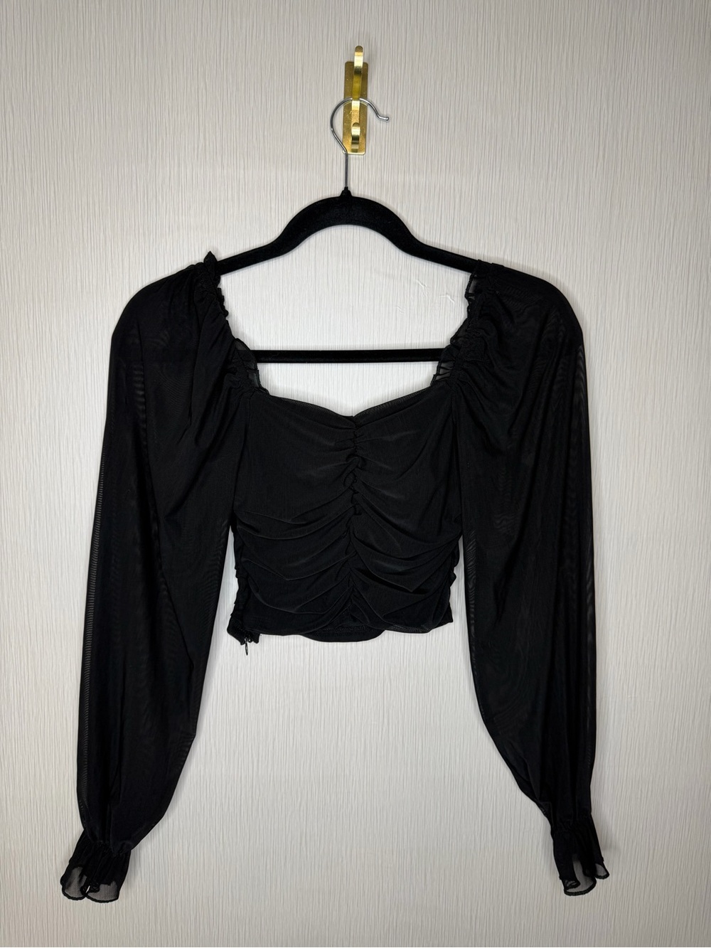 Forever 21 Black Mesh Sleeve Crop Top Ruched Corset Dark Romantic Whimsigoth M - Picture 3 of 7
